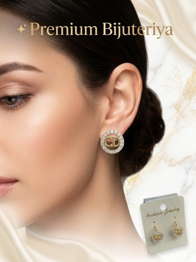 "Fashion Jewelry" — Ayollar uchun zamonaviy quloq sirg'alari, Doira (Round) Monogram Dizayn, Zirkon Toshli     rd  17006