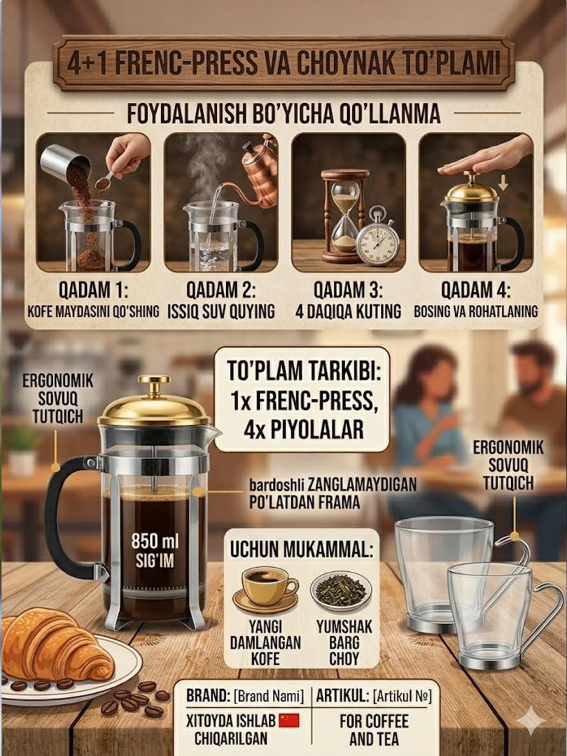 French Press va piyolalar to'plami — 4+1 | Aoyalai Coffee & Tea French Press ва пиёлалар тўплами — 4+1 | Aoyalai Coffee & Tea c1q707d