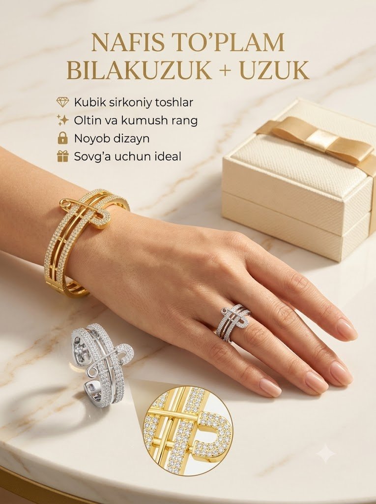 Xavfsizlik pinasi shaklida bilakuzuk va uzuk to'plami — toshli, oltin va kumush rang, zamonaviy dizayn, ayollar bijiteri    of14d 14866