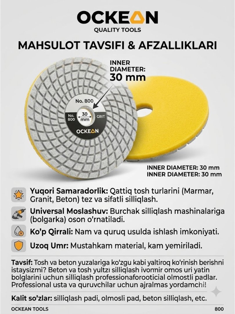 OCKEAN Professional Olmosli Silliqlash Padi (Diamond Polishing Pad)  30 mm  15182
