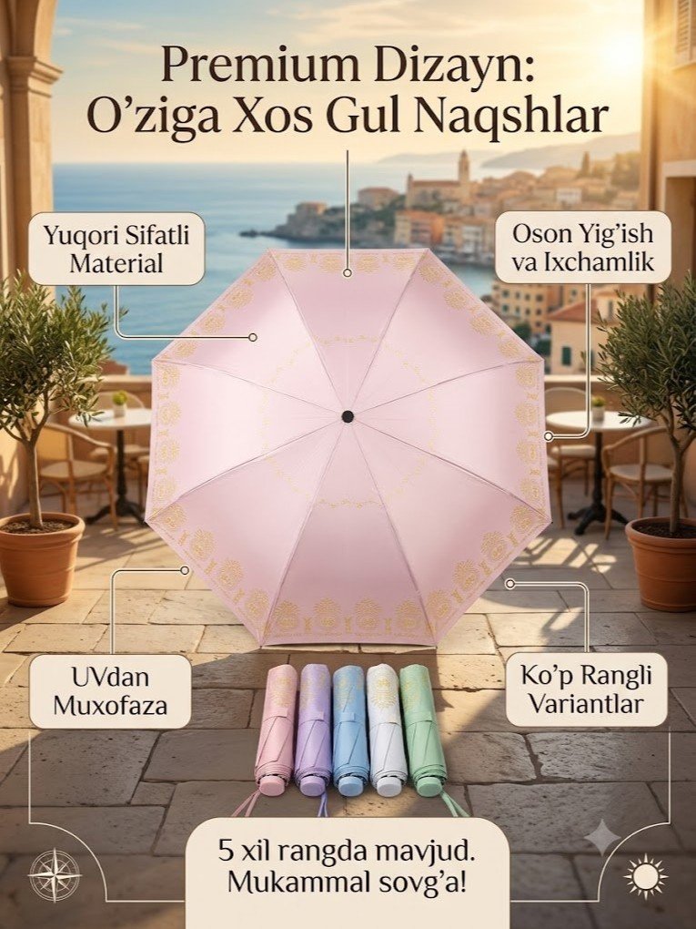 Oltinsimon naqshli nafis ayollar soyaboni — UV himoyali va shamolga chidamli (10 spitsali)  18381  ac.g9d
