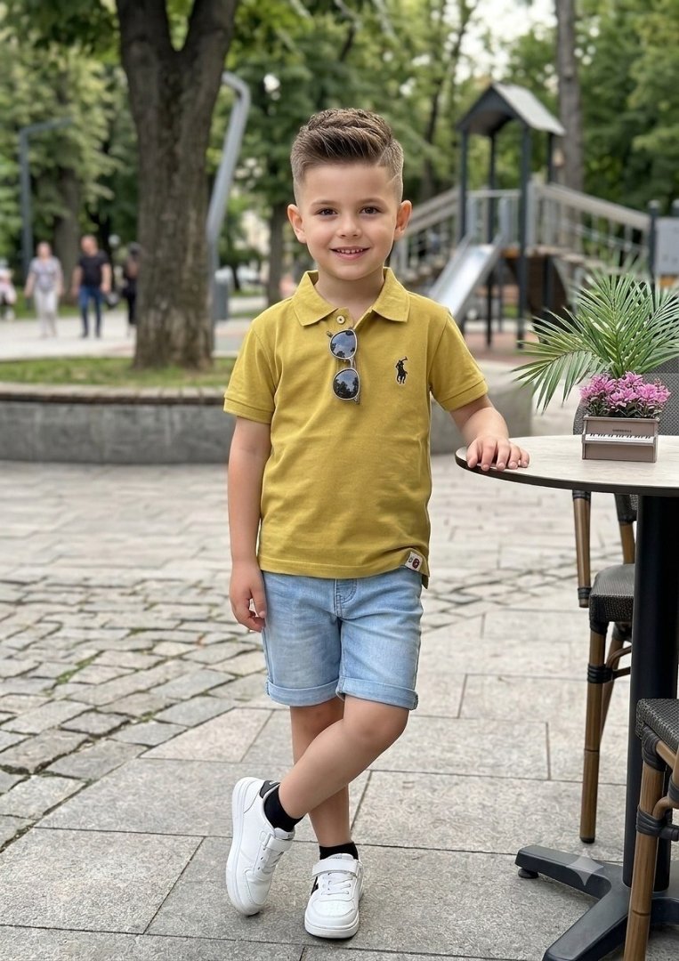 O'g'il bolalar uchun yozgi kostyum jinsi shorti va polo futbolka to'plami 16232