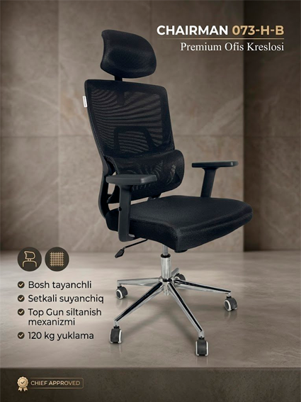 Ofis kreslosi CHAIRMAN 073-H-B Black, ergonomik, setkali suyanchiq, bosh tayanchli   14679