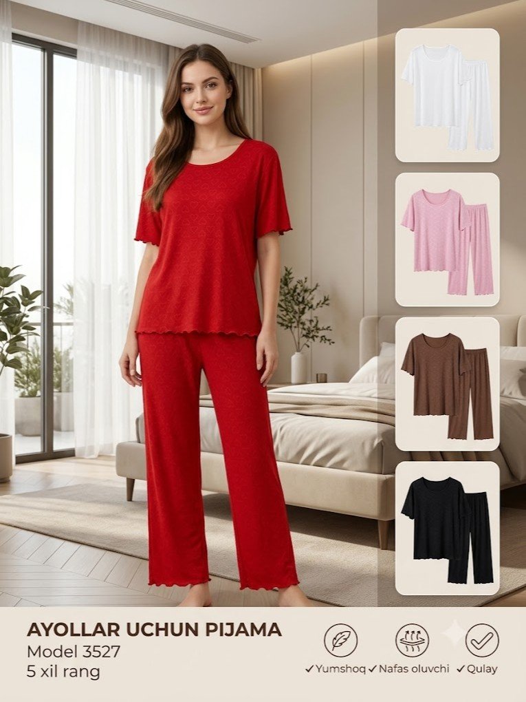 Ayollar uchun uy kiyimi to'plami (pijama), model 3527 — jakkard naqshli futbolka va keng shim   a3q17d   17850