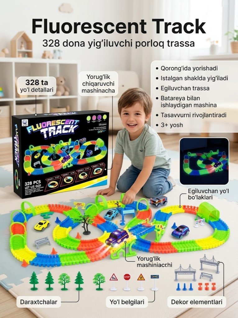 "Fluorescent Track" — yig'iluvchi yo'l trassa o'yinchoq to'plami, 328 dona   g103d   17471