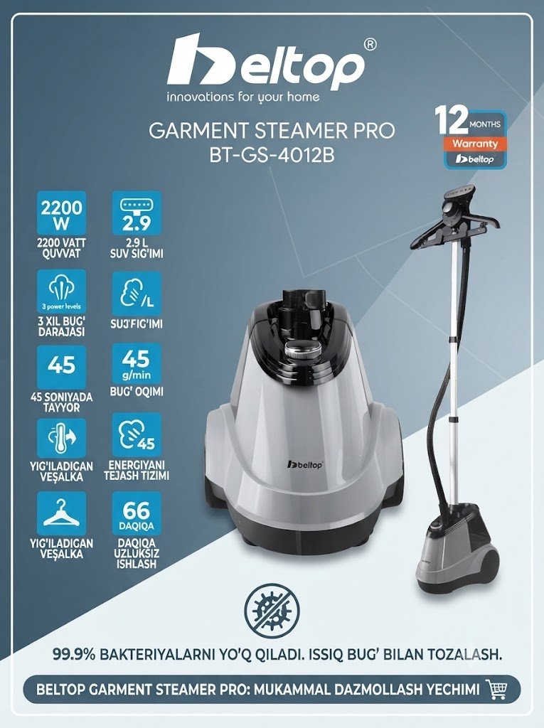 Beltop Garment Steamer Pro BT-GS-4012B — Uyingiz uchun professional va kuchli bug‘li dazmol   17088