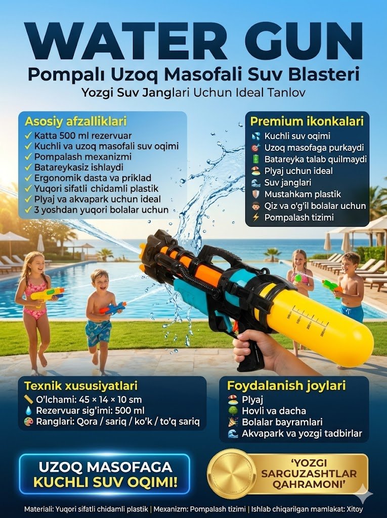 Water Gun — Pompalı uzoq masofali suv blasteri, 45 sm, 500 ml, qora/sariq/ko'k  14567