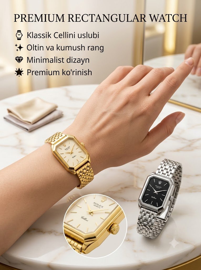 Rolex Cellini uslubidagi to'g'riburchak soat — qora va oq tsiferblat, kumush va oltin rang, klassik dizayn, sovg'a qutisida   of14d  14868