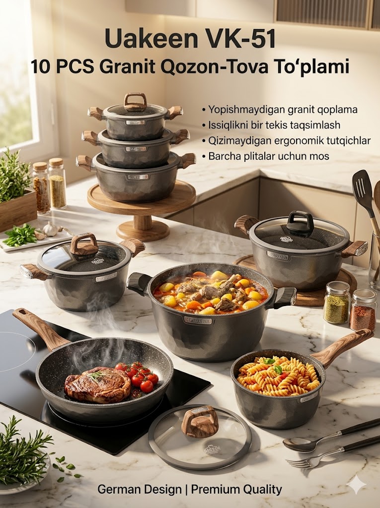 Uakeen VK-51 premium granit qozon va tovalar to'plami (10 PCS) Uakeen VK-51 премиум гранит қозон ва товалар тўплами (10 PCS) C1Q47D