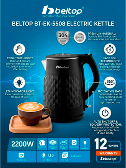 Beltop BT-EK-5515 elektr choynagi, 2200 Vt, 2.1 litr, Double Wall (qizimaydigan korpus), qora rang, 12 oylik kafolat  17109