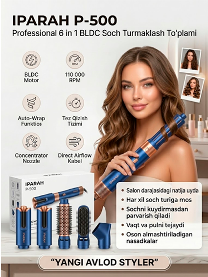 IPARAH P-500 — Professional 6 in 1 BLDC Ionli Yuqori Tezlikli Soch Turmaklash To'plami al