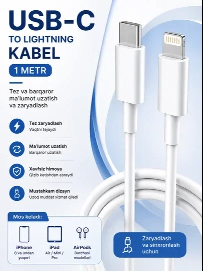Type C - Lightning iPhone zaryadlovchi kabeli