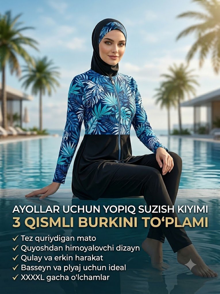 Ayollar uchun yopiq suzish kiyimi (burkini): 3 qismlik, quyoshdan himoyalovchi plyaj kostyumi.  b0q703/6d  14618