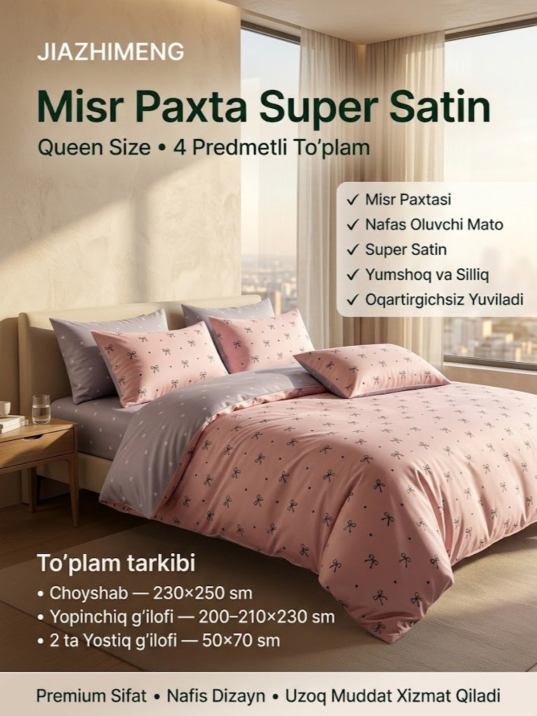 JIAZHIMENG — Misr paxta Super Satin karavot choyshab to'plami (Queen size, 4 predmetli)    a5aq13d   17313
