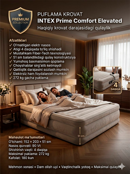 Puflama krovat | INTEX 64164 Prime Comfort Elevated | O'rnatilgan elektr nasos | Fiber-Tech | 152x203x51 sm 14531