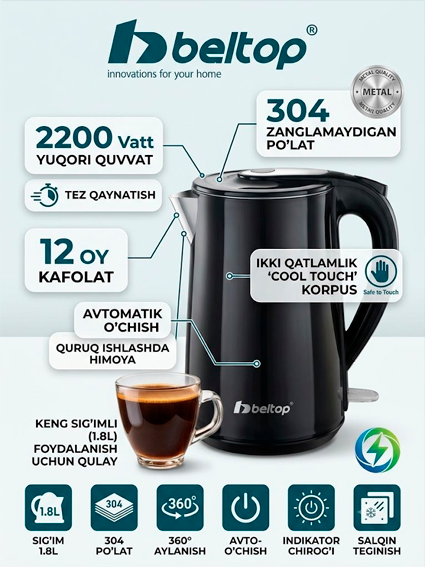 Beltop BT-EK-5512 elektr choynagi, 2200 Vt, 2.1 litr, yuqori sifatli metall korpus, 12 oylik kafolat  17108