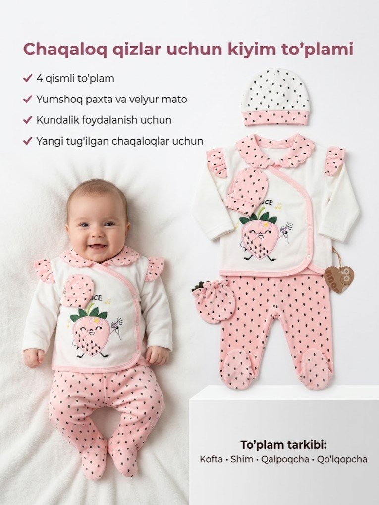 Chaqaloq qizlar uchun qulupnay dizaynli 4 qismli kiyim to'plami  18061