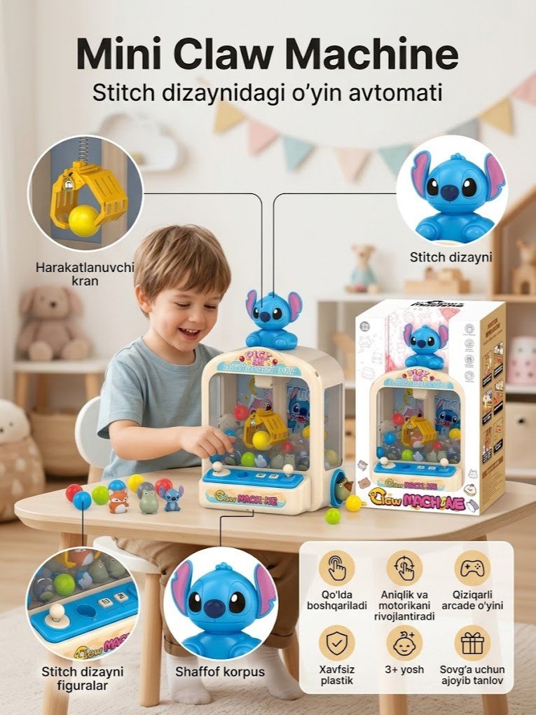 "Claw Machine" — mini avtomat kran o'yinchoq (Stitch dizaynida)    g103d   17472