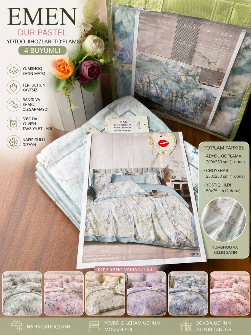 EMEN brend "Dur Pastel" yotoq jihozlari to'plami — Gulli satin dizayn, 4 buyumli, ko'p rang variantida  a3q5aq13d  15871