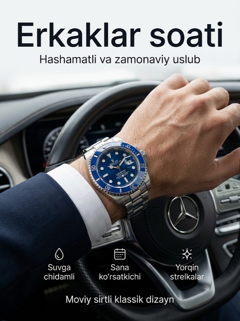 Erkaklar soati — kumush rangli po'lat korpus, moviy sirtli, "Submariner" uslubidagi klassik dайver dizayn, suv o'tkazmaydigan   16910