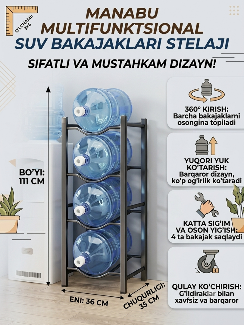 Suv idishlari uchun 4 qavatli metall etajerka/stellaj (19 litrli baklashkalar uchun) — qora rangda  18786   c.2q.23d