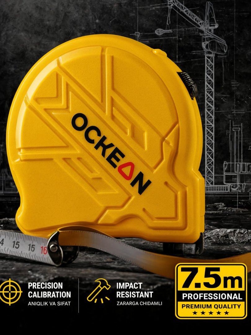 OCKEAN Professional o‘lchov lentasi (Ruletka) - Sariq dizayn  7.5 m  15400