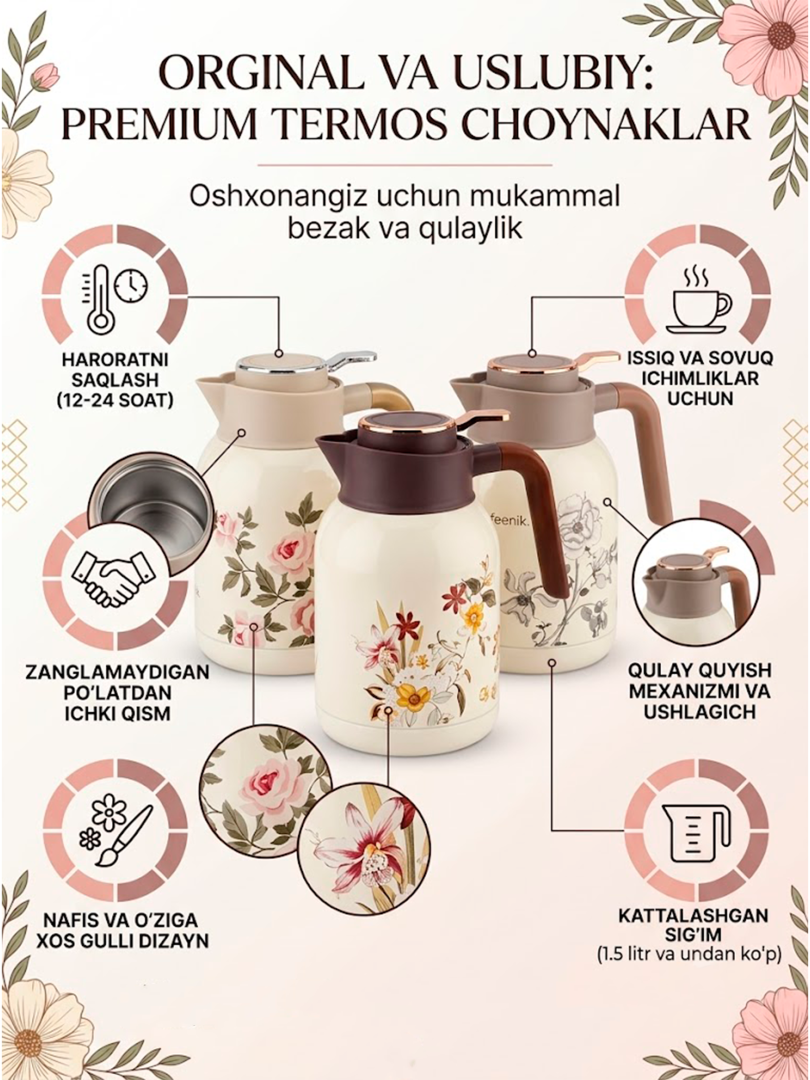 Sifatli va nafis 1.5 litrli Feenik vakuumli ko'za-termos – Choy va kofe uchun doimiy issiqlik hamda go'zal dizayn!  18137   c.2q.23d