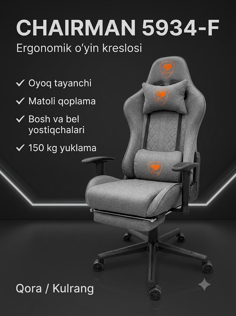 O‘yin kreslosi CHAIRMAN 5934-F, ergonomik, oyoq tayanchli, matoli qoplamali, 150 kg gacha  14683