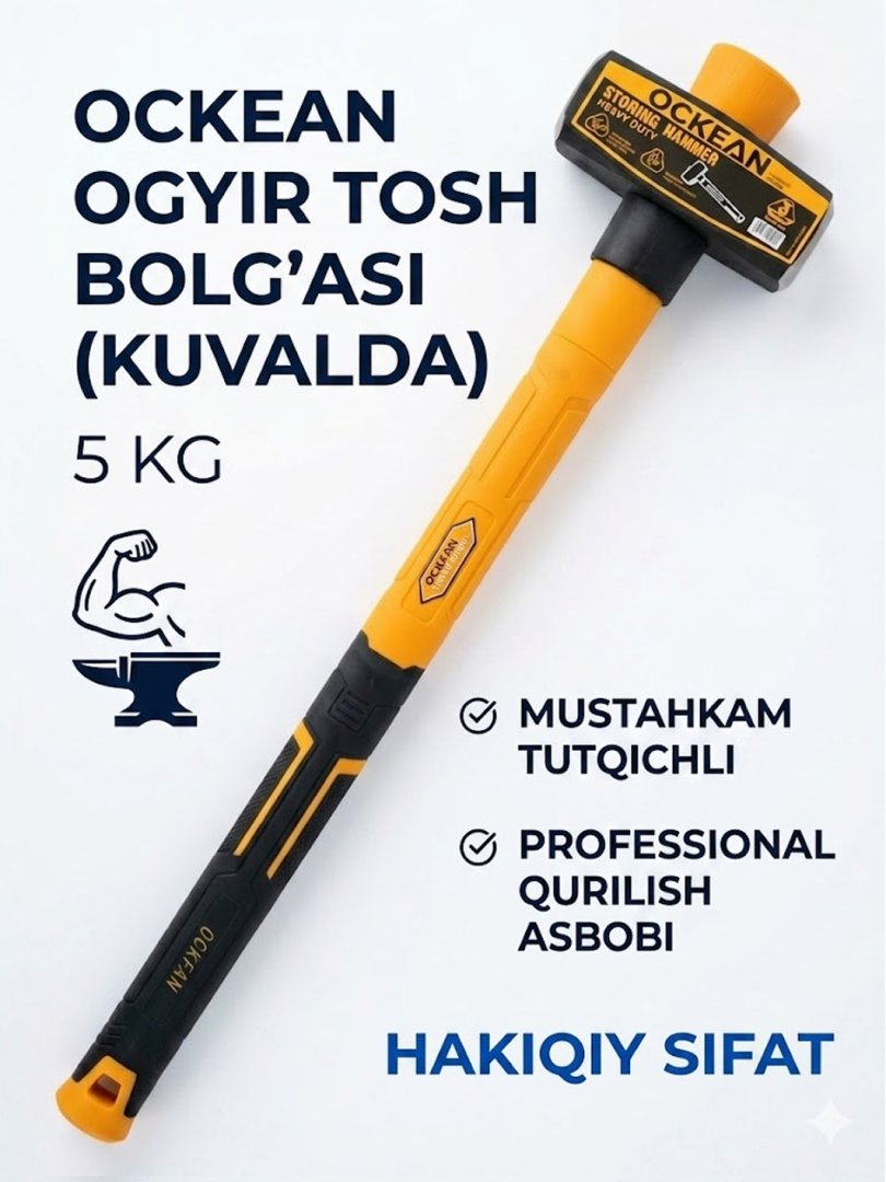 OCKEAN og'ir tosh bolg'asi (Kuvalda) 5 kg — mustahkam tutqichli professional qurilish asbobi  15790