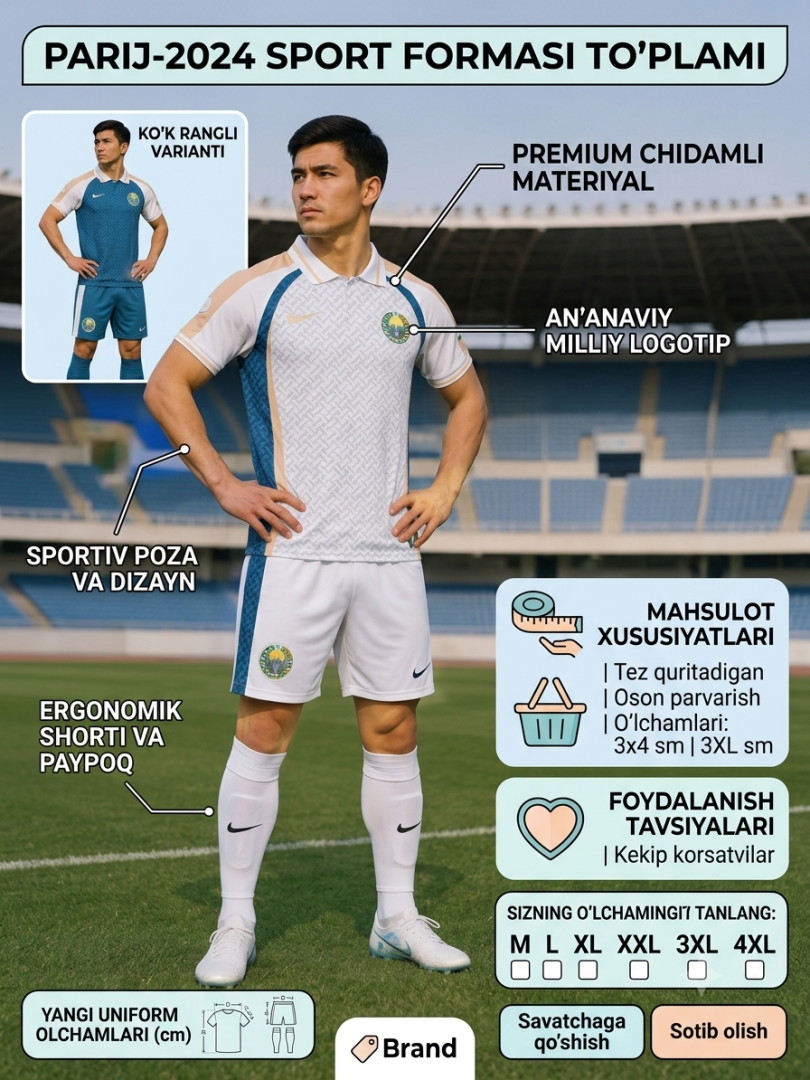 O'zbekiston Milliy Terma Jamoasi Parij-2024 Olimpiada formasi – Erkaklar va bolalar uchun futbol formasi to'plami (Nike)  18972  b.0q.2b.703d