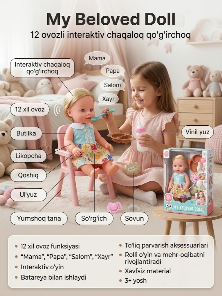 "My Beloved Doll" — 12 ovozli interaktiv chaqaloq qo'g'irchoq, to'liq parvarish aksessuarlari bilan  g103d 17496