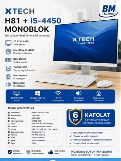 Xtech monoblok H81,24 duymli, i5, 8GB, SSD120,240,512, Windows10, klaviatura va sichqoncha