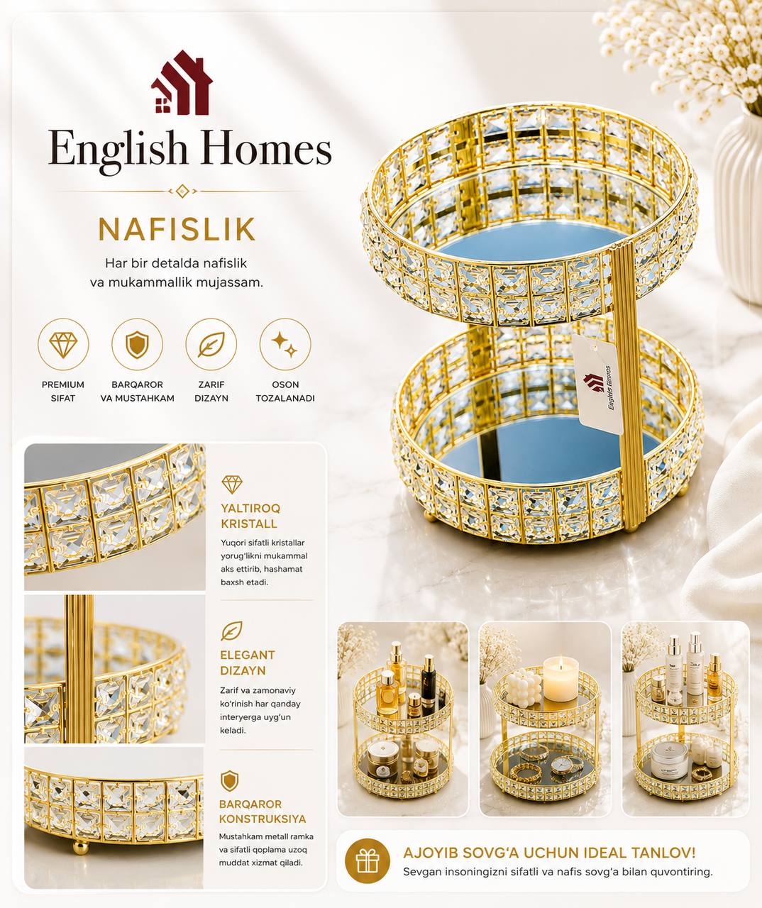 ENGLISH HOMES Original Oval Shaklidagi Kristalli Ikki Qavatli Hashamatli Kosmetika va Aksessuar Organizatori   19433   o.p.p15p