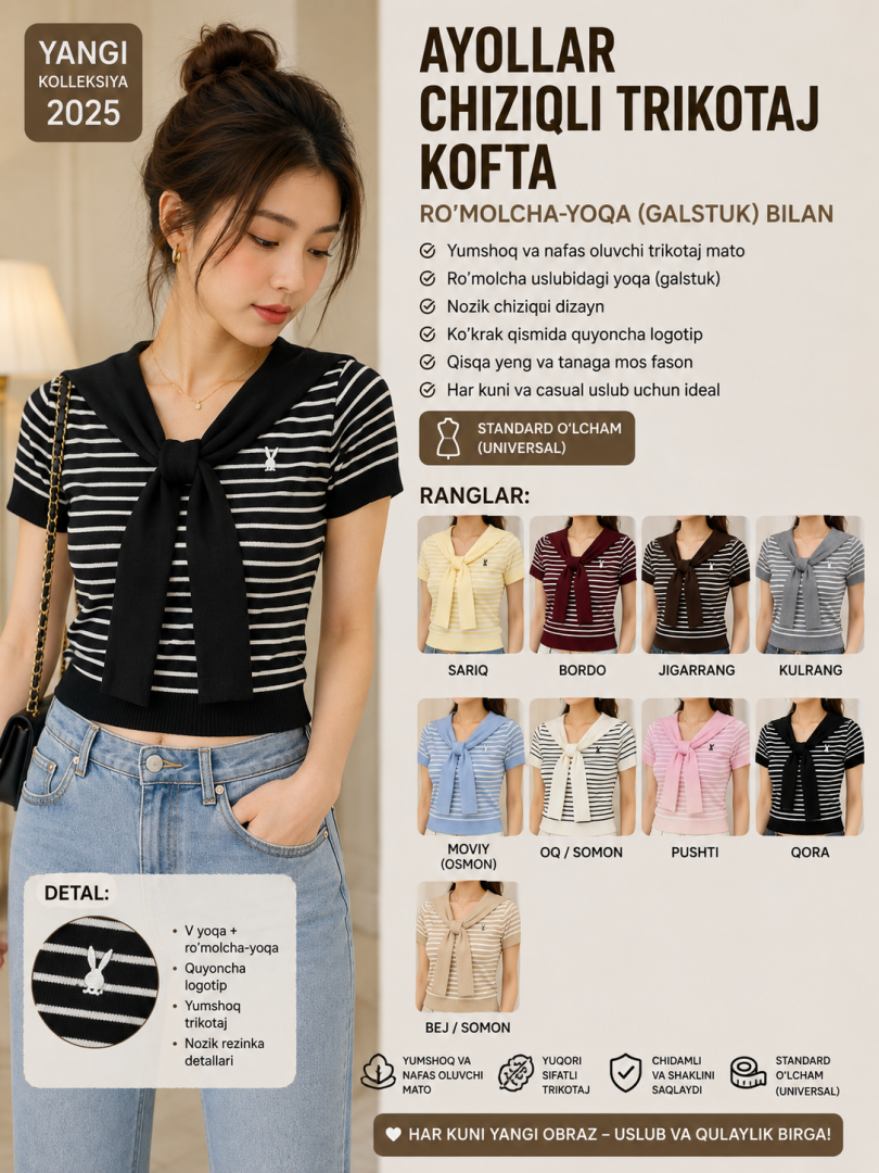 Ayollar chiziqli trikotaj kofta — ro'molcha-yoqa (galstuk) bilan    b5q285d   19413