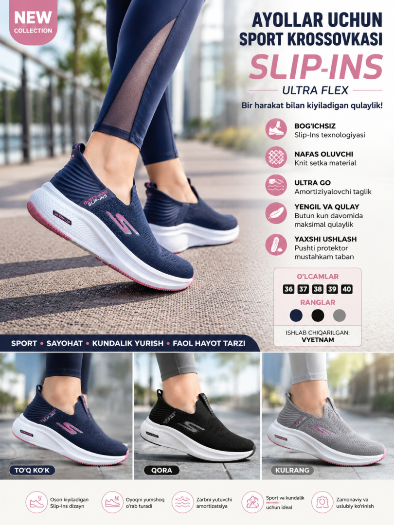 Ayollar sport krossovkasi | Slip-Ins Ultra Flex | Bog'ichsiz | Knit setka | To'q ko'k, Qora, Kulrang | 36-40 o'lcham ec34d 14522