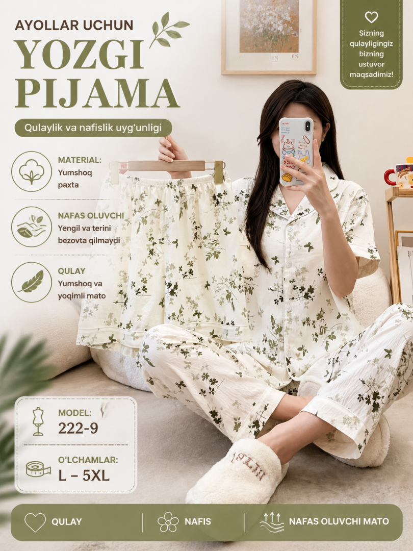 Ayollar uchun yengil pijama komplekti — uy kiyimi, paxta material, katta o'lchamlar L-5XL  b205d  16404