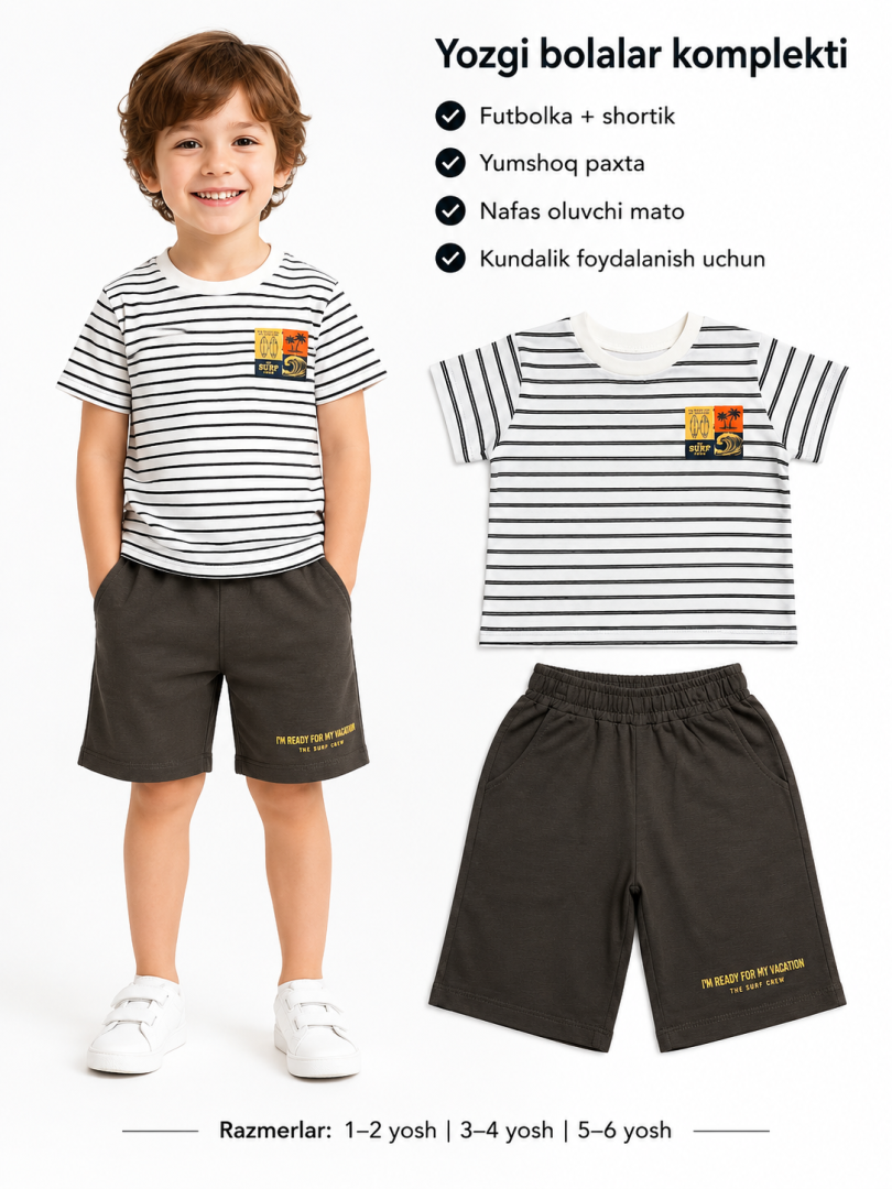 "The Surf Crew" dizaynli chiziqli yozgi 2 qismli o'g'il bolalar komplekti   18072
