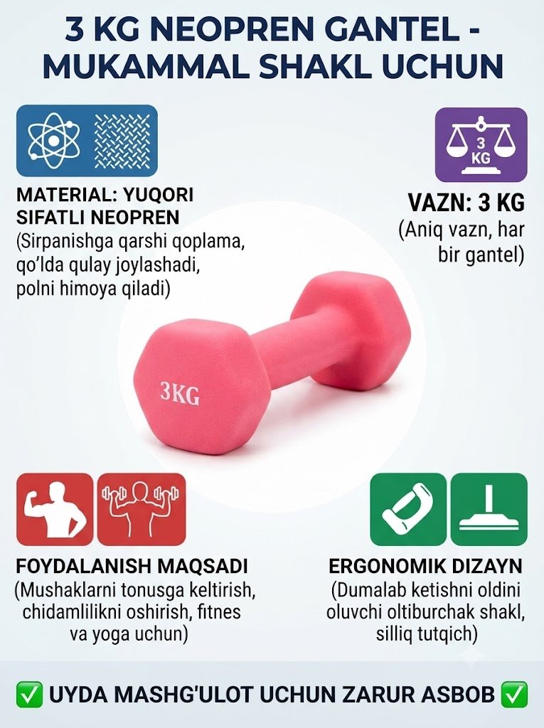 Professional 3 kg Neopren Gantellar – Fitnes, Yoga va Aerobika uchun  16924