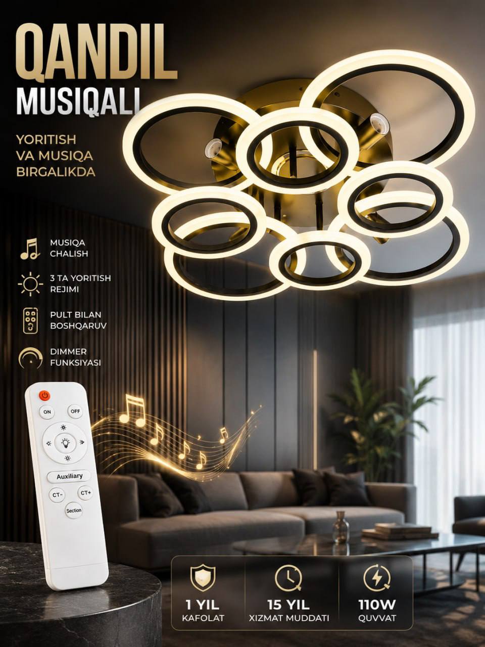 Musiqali LED qandil (lyustra) – Pultli, Dimmerli va Bluetooth kolonkali smart shift chirog'i (110 W)  19559  c.2q.23d