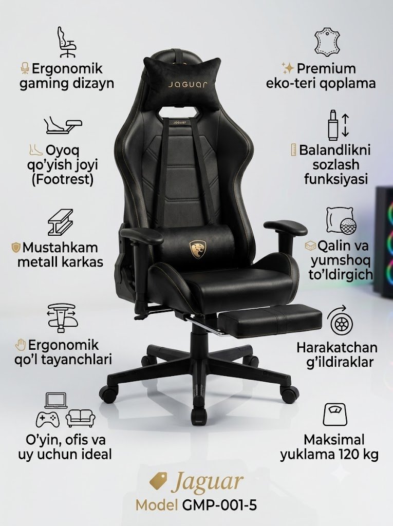 Chairman GMP-001-5 Jaguar — Gaming kreslo, Qora, Eko-teri, Oyoq qo'yish joyi bilan  14643