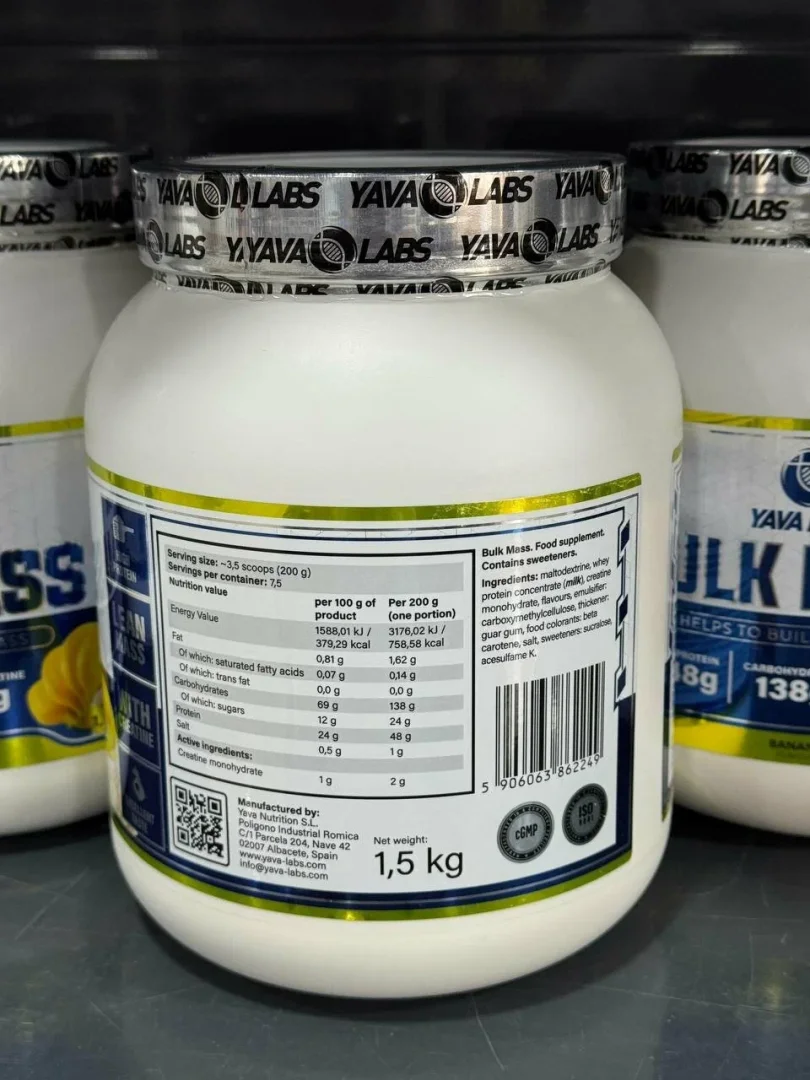 Yava Labs Bulk Mass 1.5 kg (Banan ta'mi) — Toza va quruq mushak massasini o'stirish uchun kreatin bilan boyitilgan premium geyner!   17429