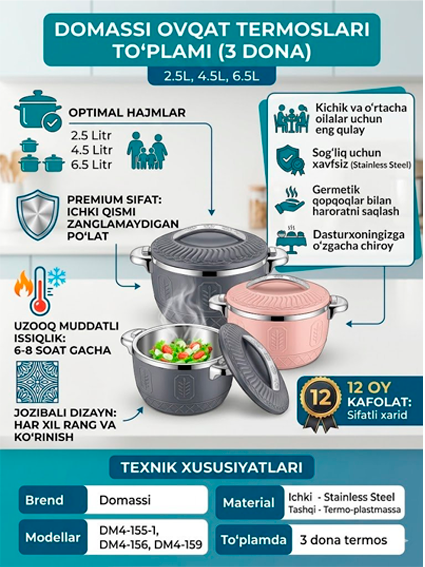 Domassi Ovqat Termoslari To‘plami (3 dona) | 2.5L, 4.5L, 6.5L | Zanglamaydigan po‘lat | 12 oy kafolat c1q47d 14343