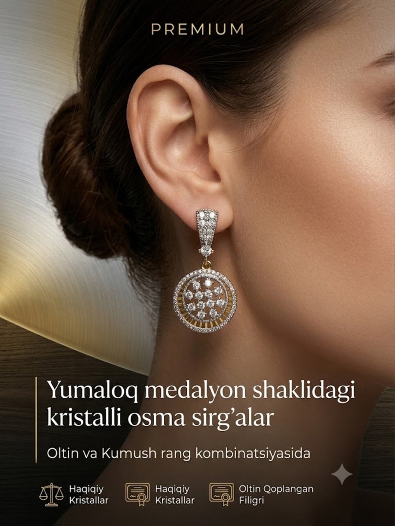 Yumaloq medalyon shaklidagi kristalli osma sirg'alar — oltin va kumush rang kombinatsiyasida   aaq26d  16172