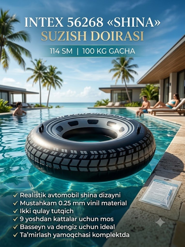 Intex 56268 «Shina» katta suzish doirasi (114 sm) – Bolalar va kattalar uchun mustahkam plyaj aksessuari 14618