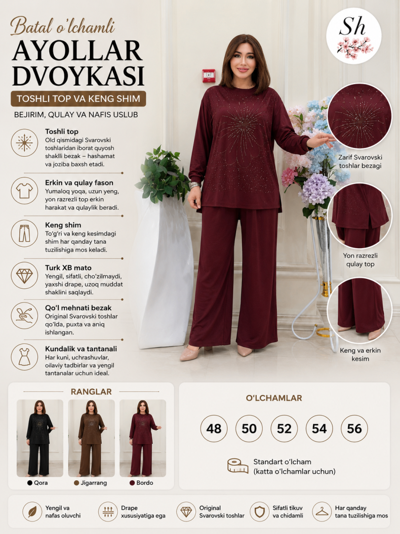 Batal o'lchamli ayollar dvoykasi — Toshli top va keng shim  b3b7q529d  18253