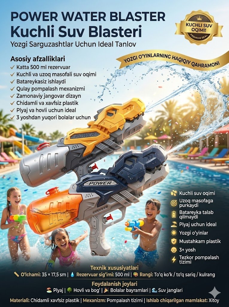 Power Water Blaster — Kuchli suv blasteri, 35 sm, 500 ml rezervuar, ko'k/to'q sariq  14566