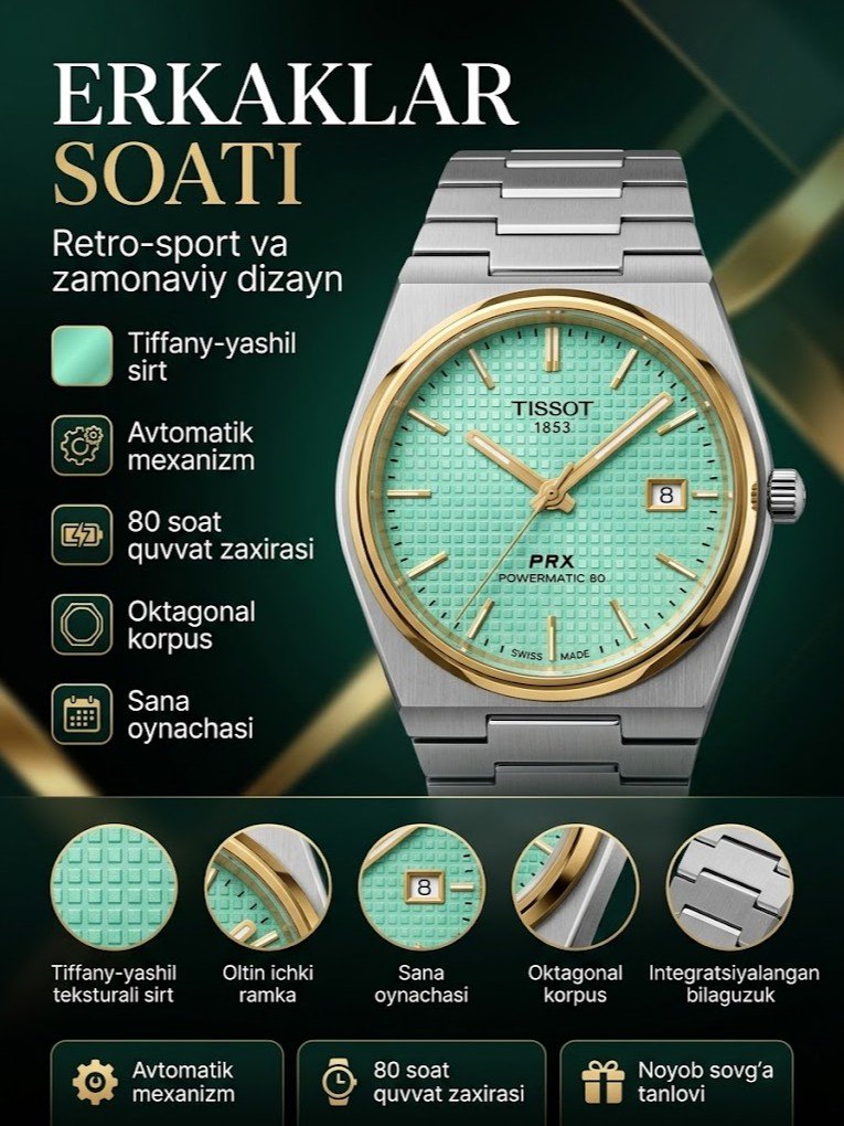 Erkaklar soati — kumush rangli po'lat korpus, tiffany-yashil (mint) sirt, oltin rangli ichki ramka, sakkiz burchakli (integratsiyalangan) korpus dizayni, avtomatik mexanizmli, sana oynachali   16941