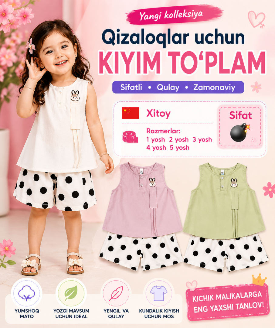 Qizlar uchun quvnoq xolli va quyonchali ikkitalik kiyim to'plami. b11q482d