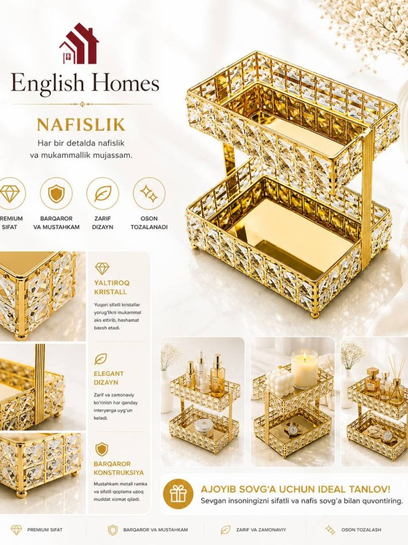 ENGLISH HOMES Original To‘rtburchak Shaklidagi Kristalli Ikki Qavatli Hashamatli Kosmetika va Aksessuar Organizatori  19434  o.p.p15p