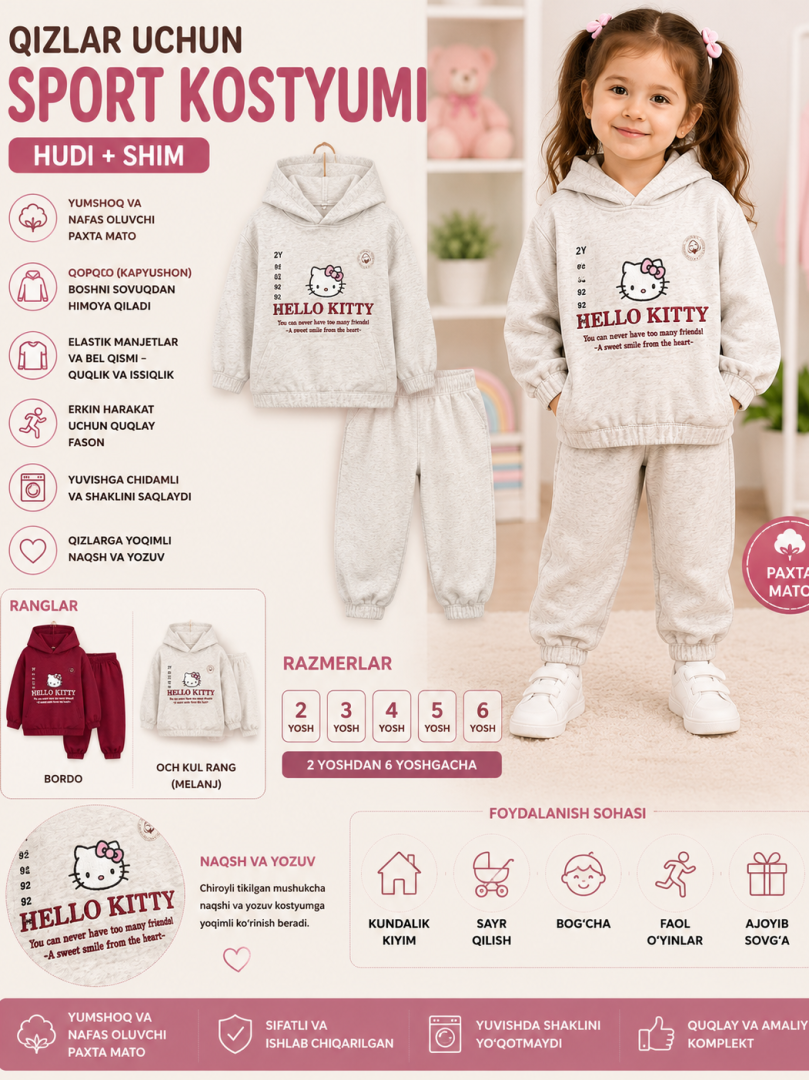 Qizlar uchun sevimli mushukcha naqshli qopqoqli sport kostyumi (hudi + shim)   18425